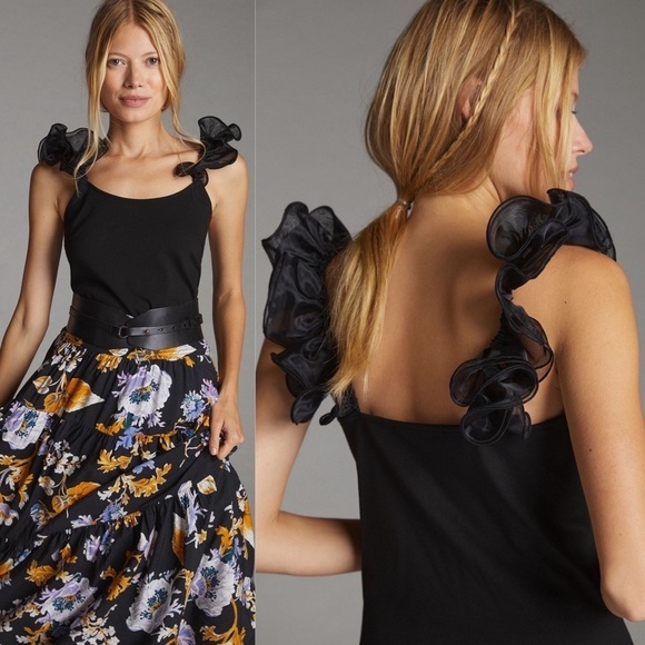 Anthropologie Tops - Anthropologie x Flat White Scoop Neck Ruffled Tank size medium black